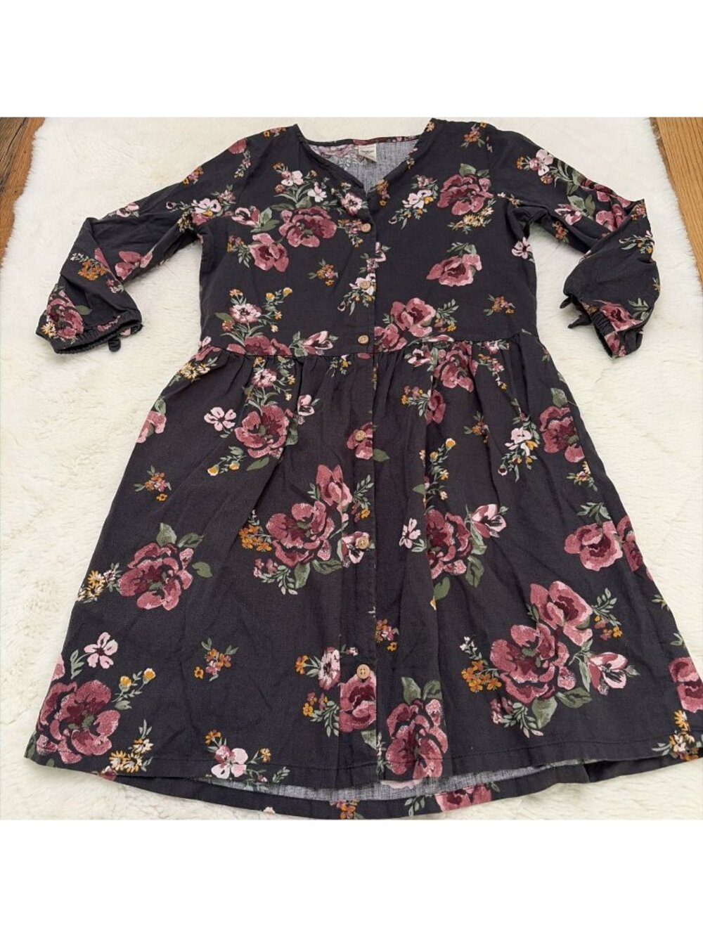 Oshkosh Girls 14 Gray Floral Boho Dress Button Down Cottage